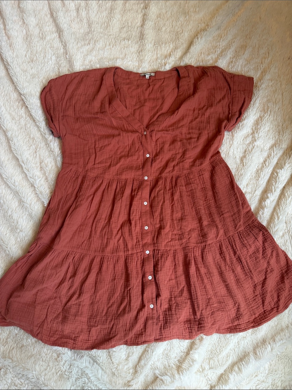 Madewell Rust Button-Front Tiered Gauze Dress